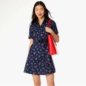 Kate Spade Navy Blue Strawberry Tie Waist Shirt Dress